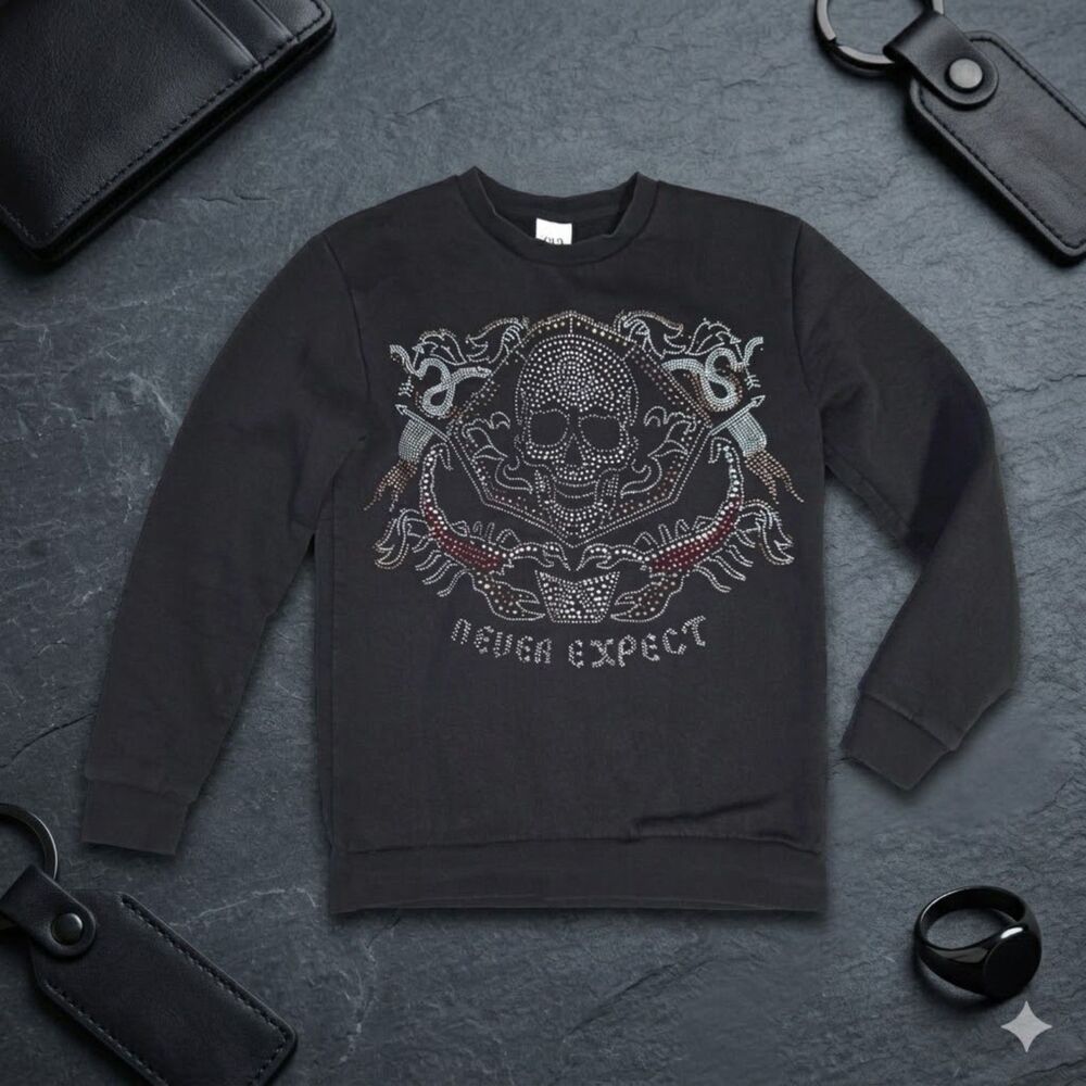 Zara Men's Never Expect Rhinestone Skull Sweatshirt Black Size M Studded Edgy